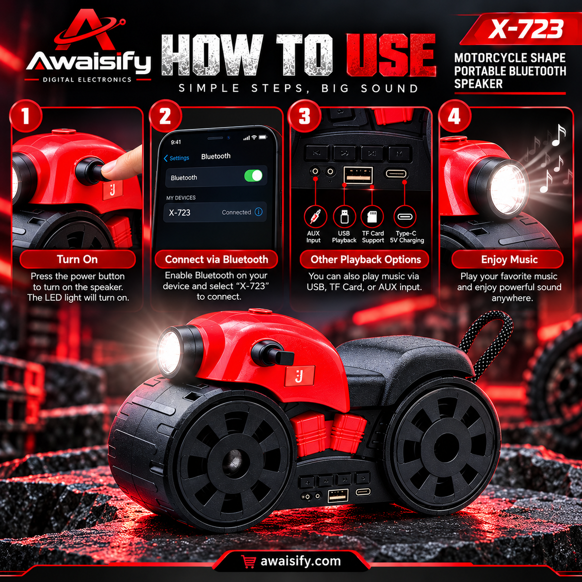 X-723 Motorcycle Shape Portable Bluetooth Speaker – 5W Wireless Music Speaker with Stylish Bike Design