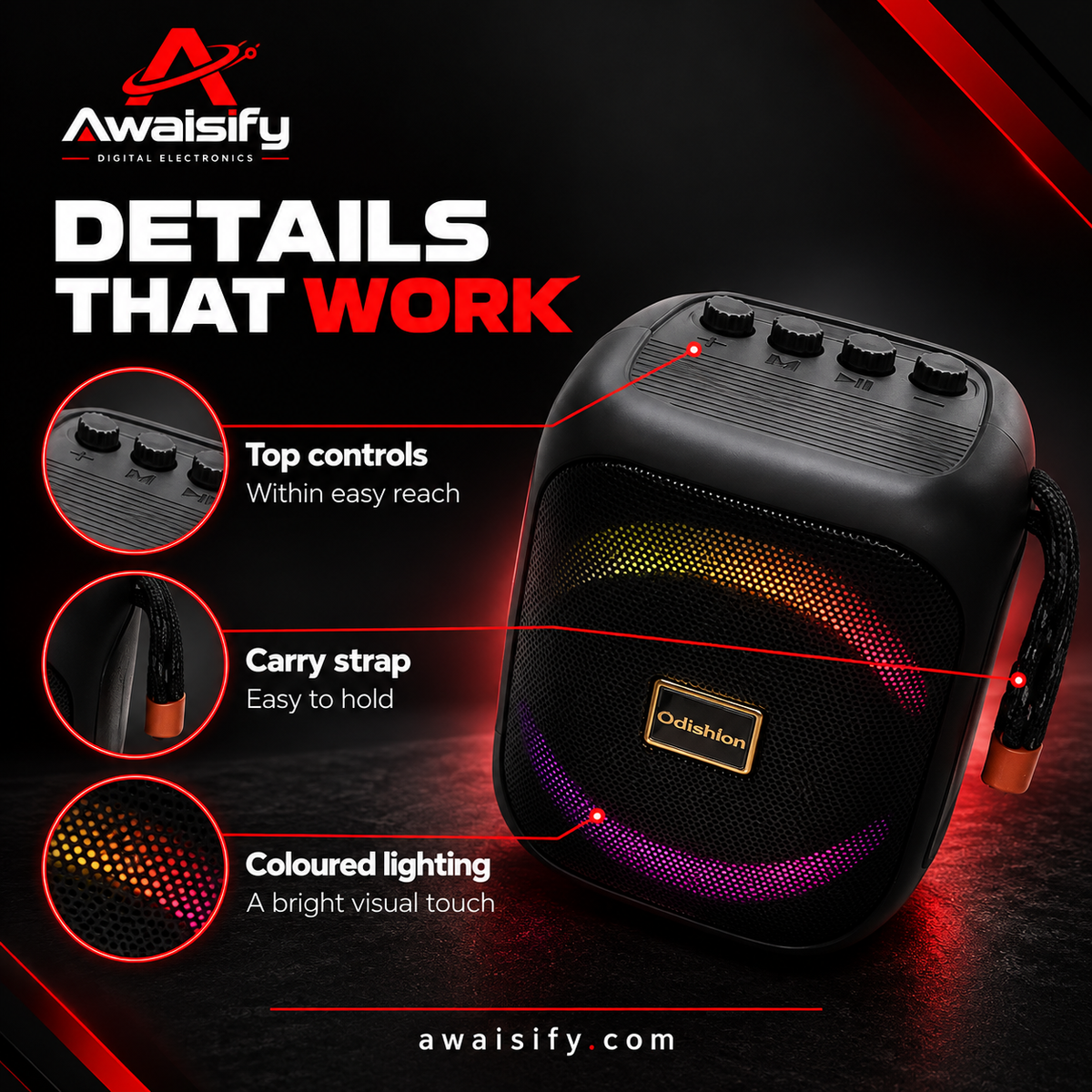 Odishon LN-661 Speaker with Coloured Lights & Carry Strap – Black