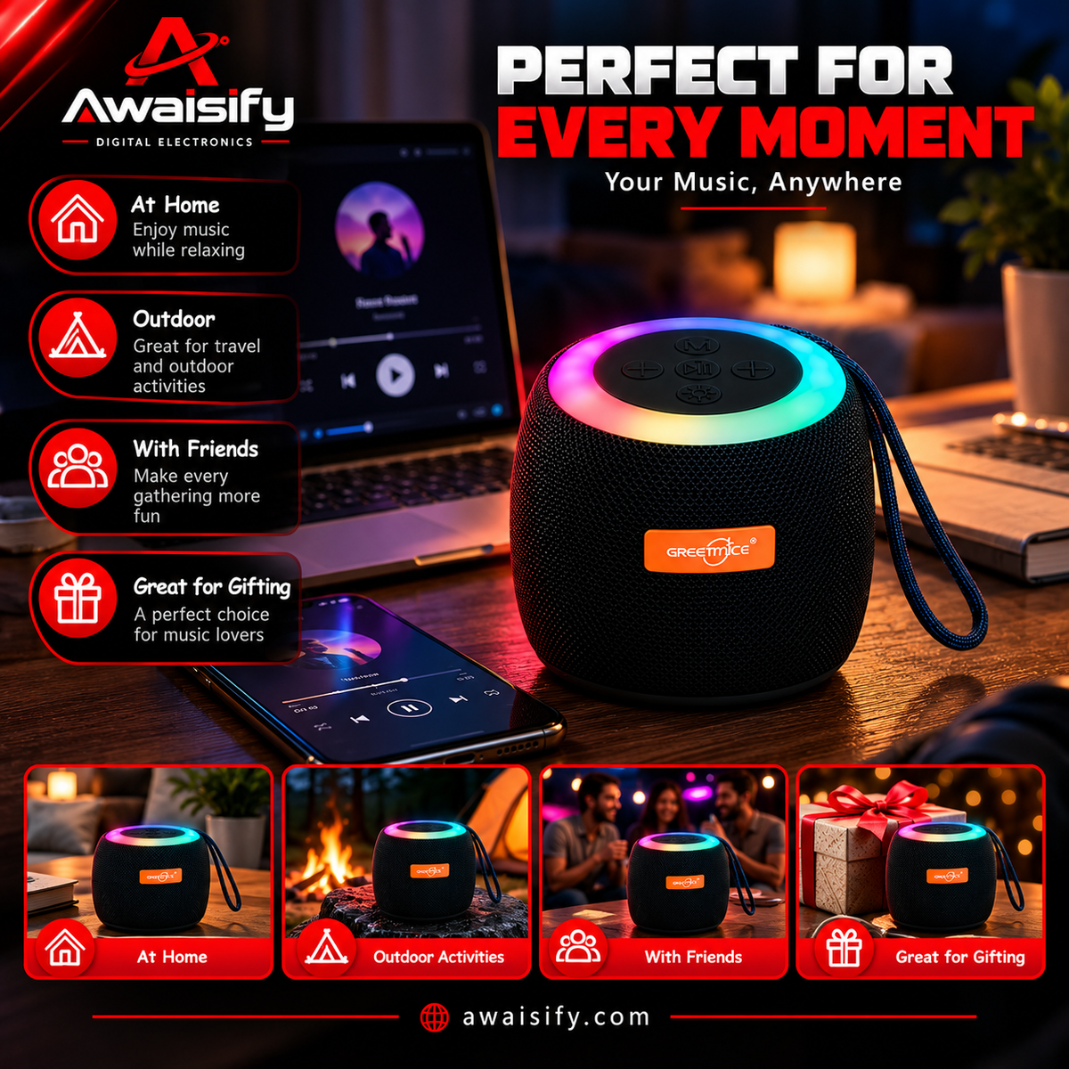 GTS-1468 Portable Mini Bluetooth Speaker with RGB LED Lights – Black
