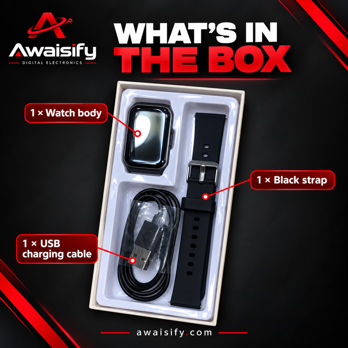 LAXASFIT Black Smartwatch with Buckle Strap & USB Charging Cable