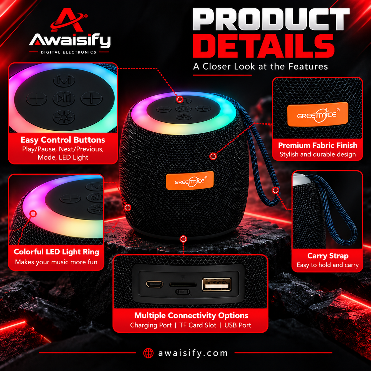 GTS-1468 Portable Mini Bluetooth Speaker with RGB LED Lights – Black