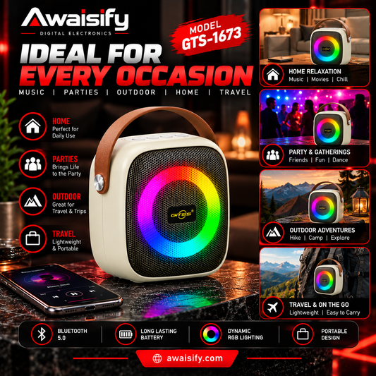 GTS-1673 Portable Bluetooth Speaker with RGB LED Lights & Carry Handle – Mini Wireless Speaker