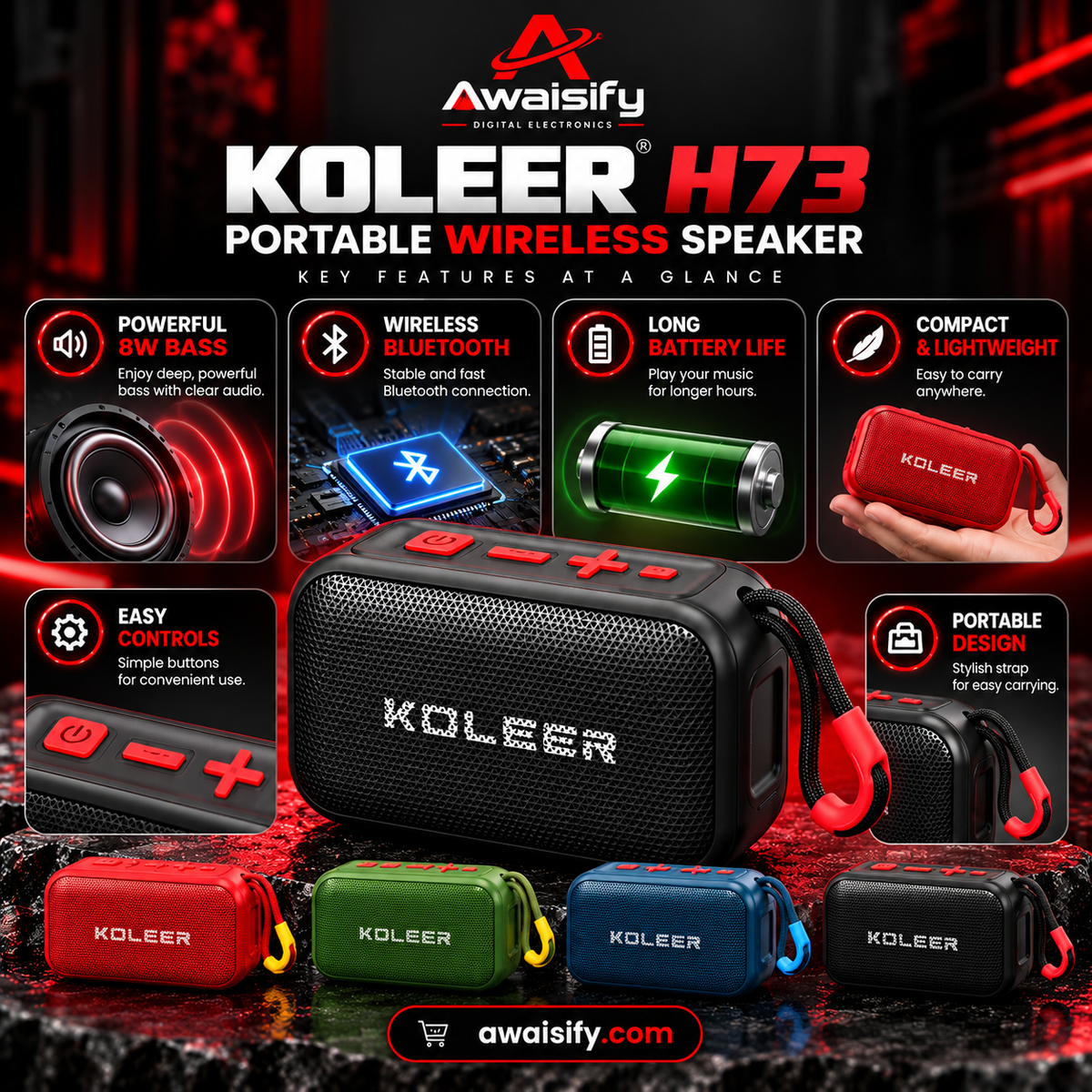 KOLEER H73 Portable Bluetooth Speaker – 8W Bass, Wireless Mini Speaker with Carry Strap