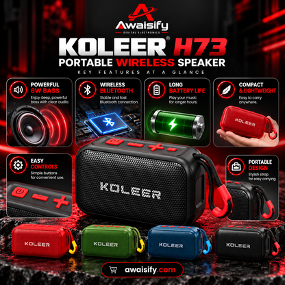 KOLEER H73 Portable Bluetooth Speaker – 8W Bass, Wireless Mini Speaker with Carry Strap