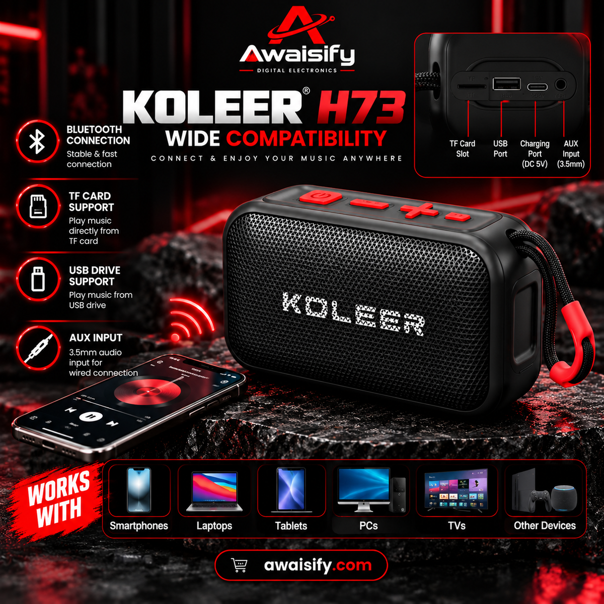 KOLEER H73 Portable Bluetooth Speaker – 8W Bass, Wireless Mini Speaker with Carry Strap