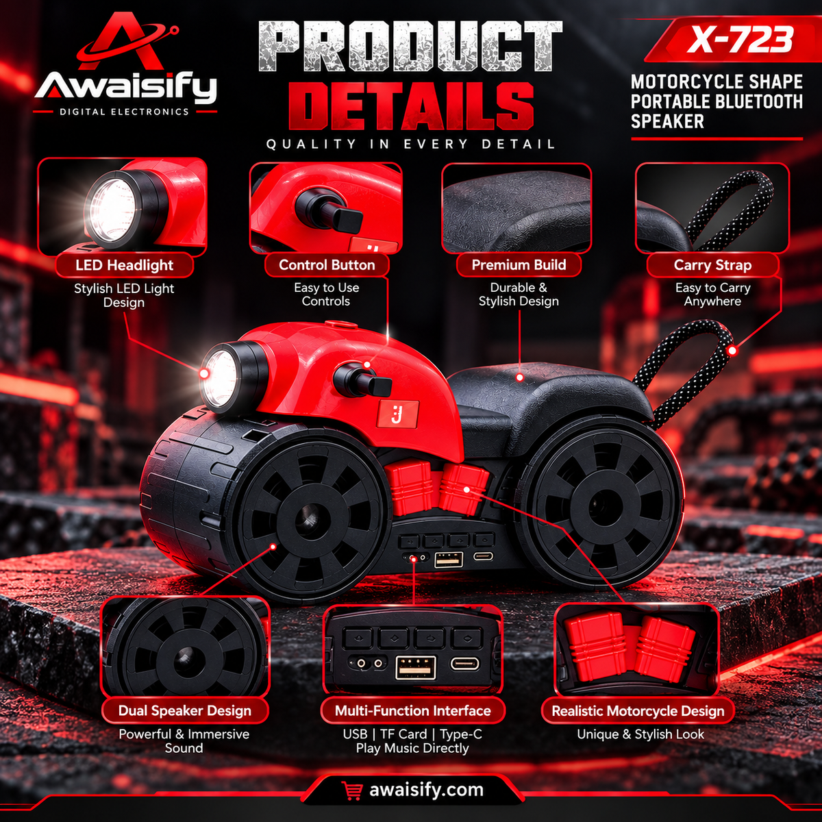 X-723 Motorcycle Shape Portable Bluetooth Speaker – 5W Wireless Music Speaker with Stylish Bike Design
