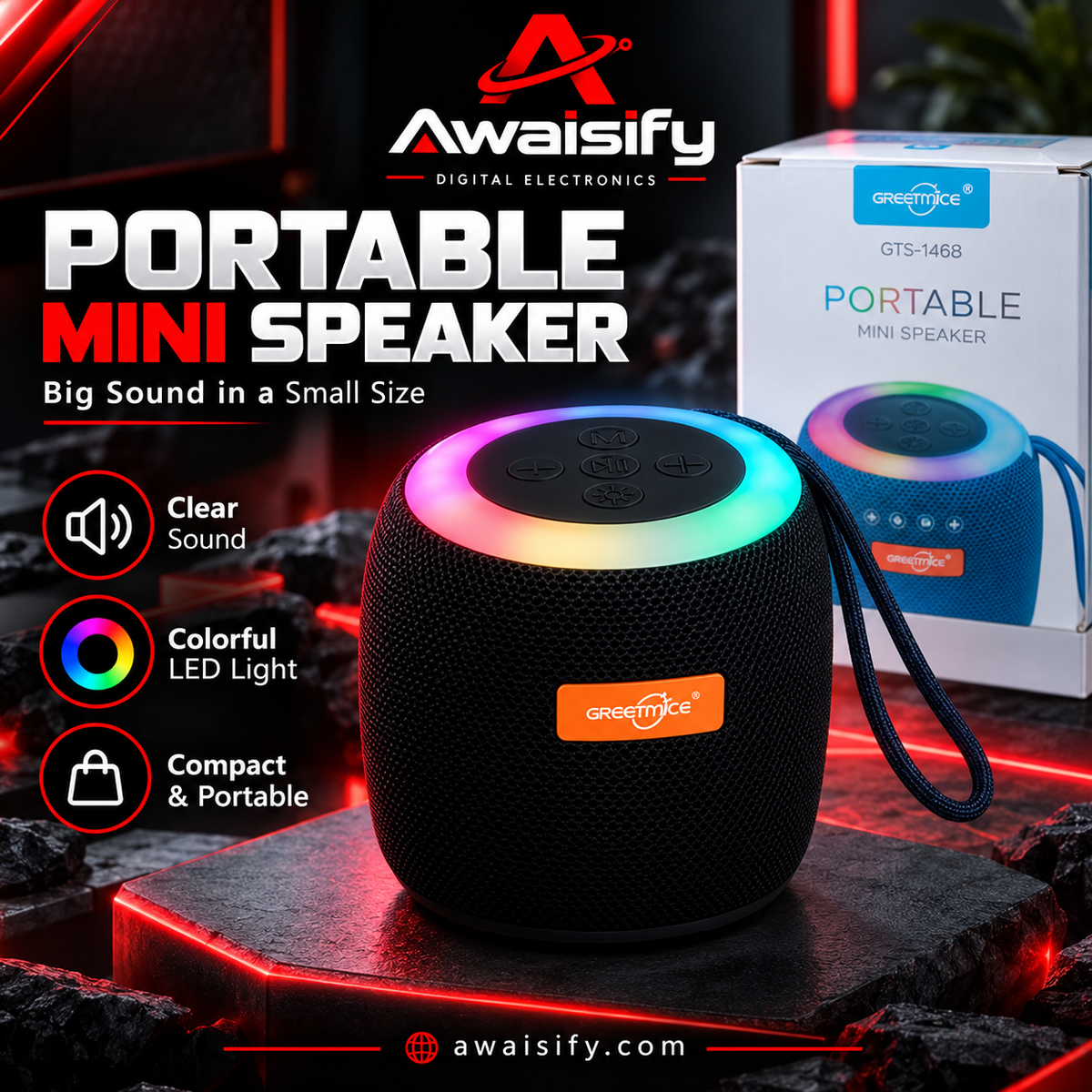 GTS-1468 Portable Mini Bluetooth Speaker with RGB LED Lights – Black