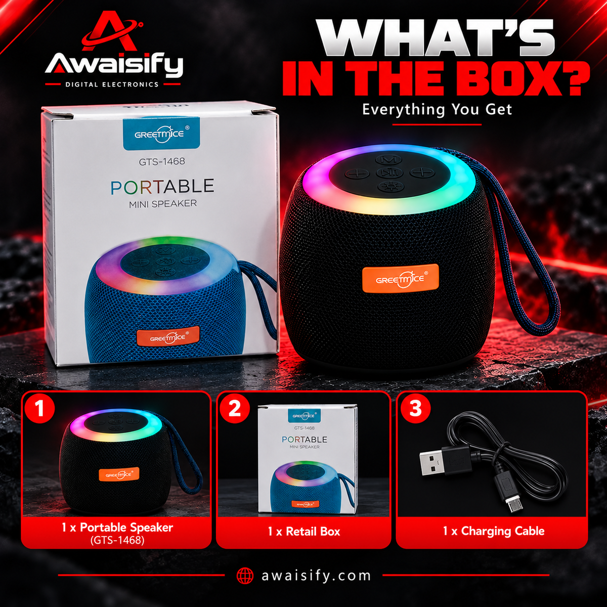 GTS-1468 Portable Mini Bluetooth Speaker with RGB LED Lights – Black