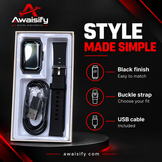 LAXASFIT Black Smartwatch with Buckle Strap & USB Charging Cable