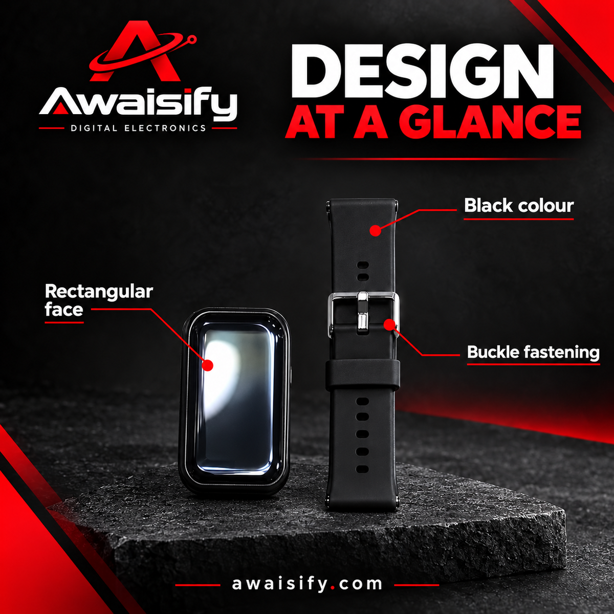 LAXASFIT Black Smartwatch with Buckle Strap & USB Charging Cable