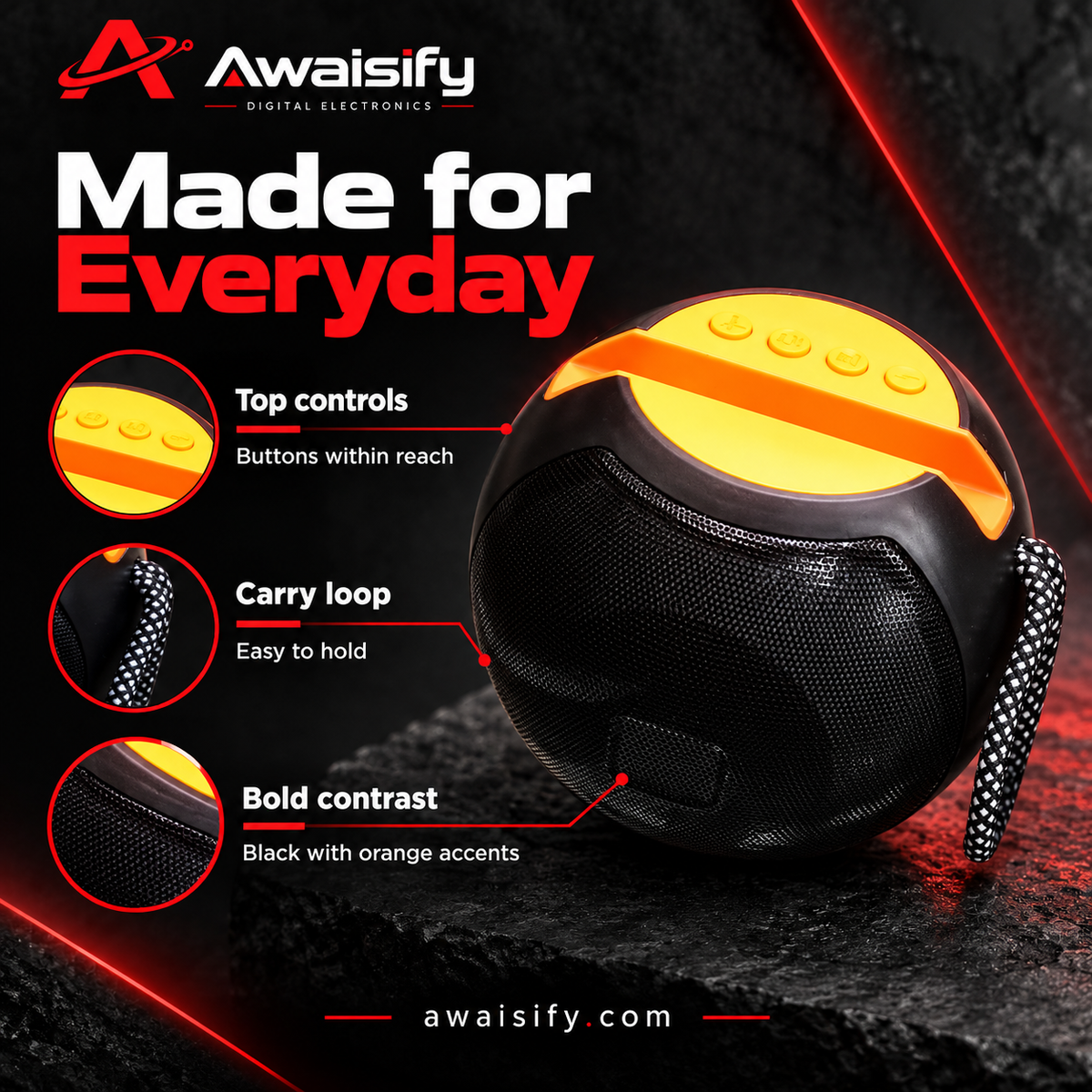 JK-P60 Portable Speaker with Phone Stand – Black & Orange