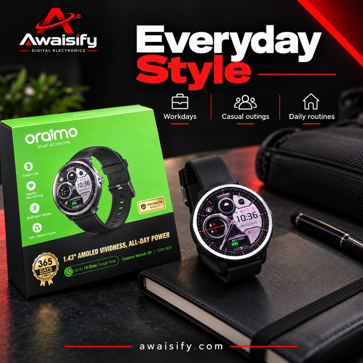 oraimo Watch 5R OSW-820 Smartwatch – 1.43″ AMOLED & Bluetooth Calling – Black