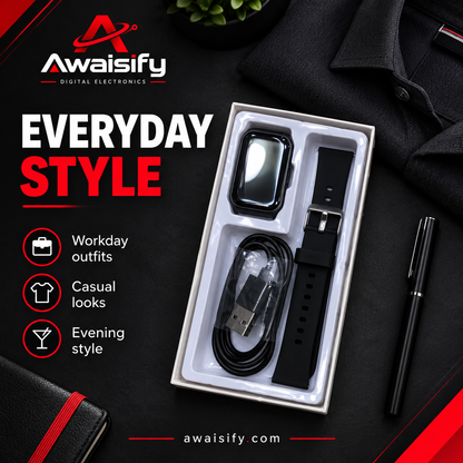 LAXASFIT Black Smartwatch with Buckle Strap & USB Charging Cable