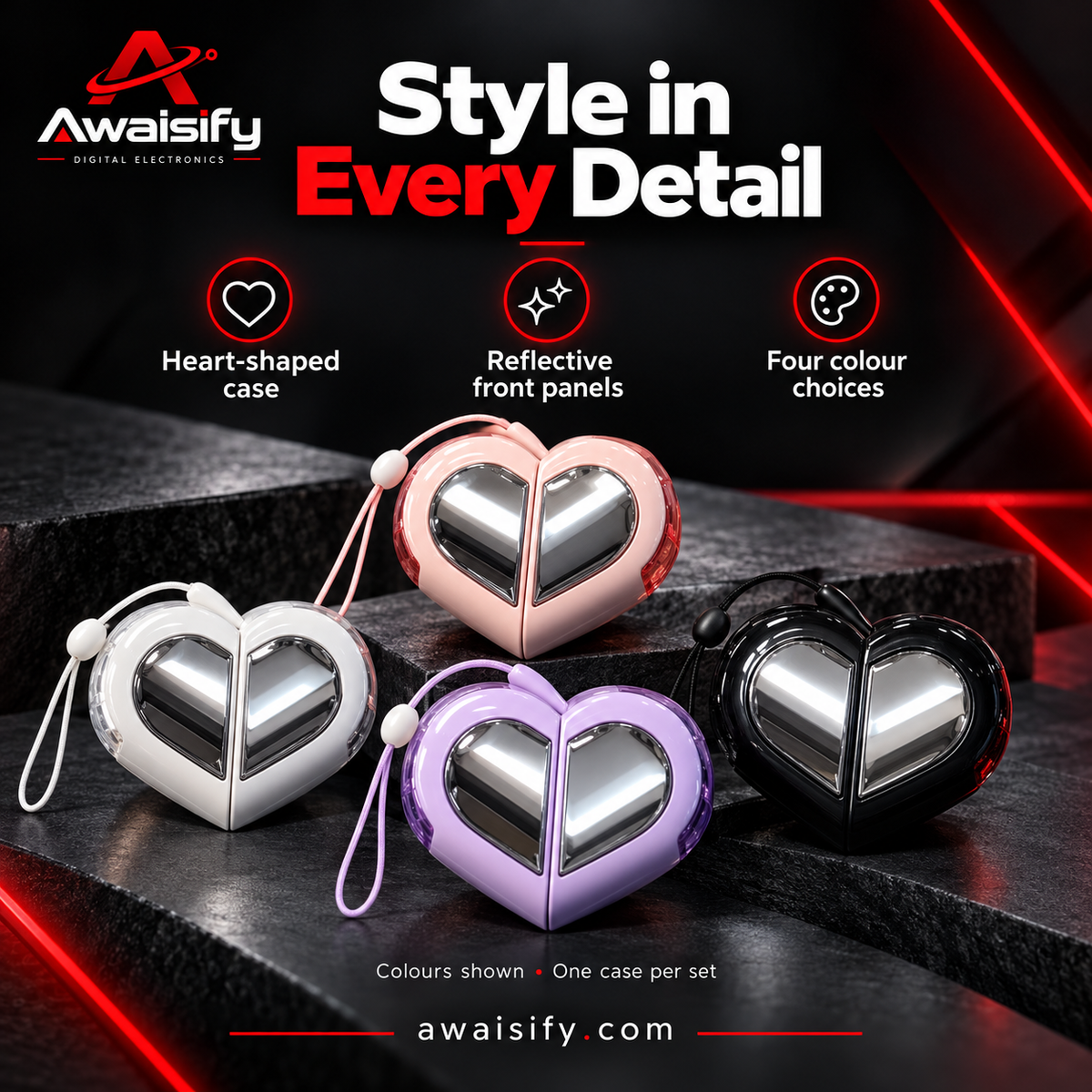 Heart-Shaped Earbuds with Reflective Charging Case – Pink, White, Purple & Black