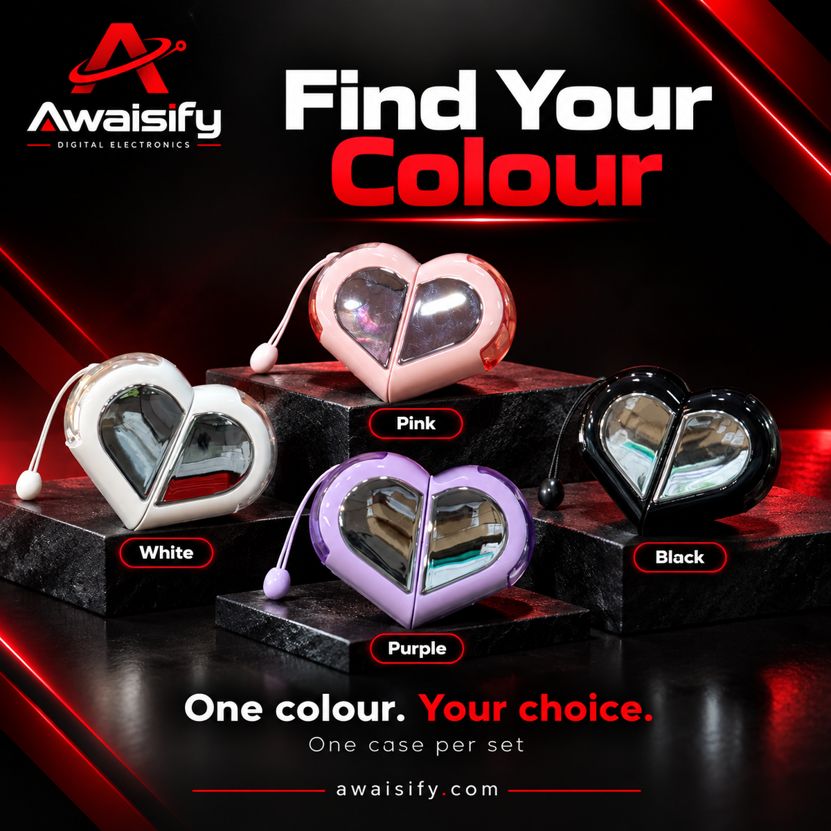 Heart-Shaped Earbuds with Reflective Charging Case – Pink, White, Purple & Black
