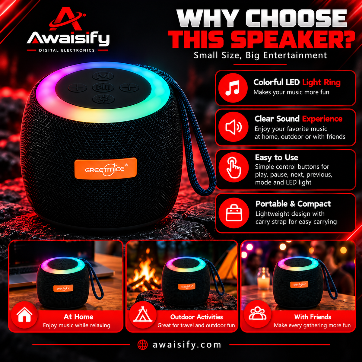 GTS-1468 Portable Mini Bluetooth Speaker with RGB LED Lights – Black