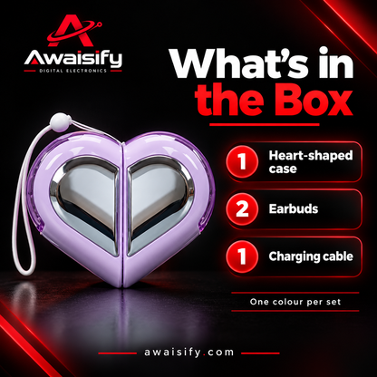 Heart-Shaped Earbuds with Reflective Charging Case – Pink, White, Purple & Black