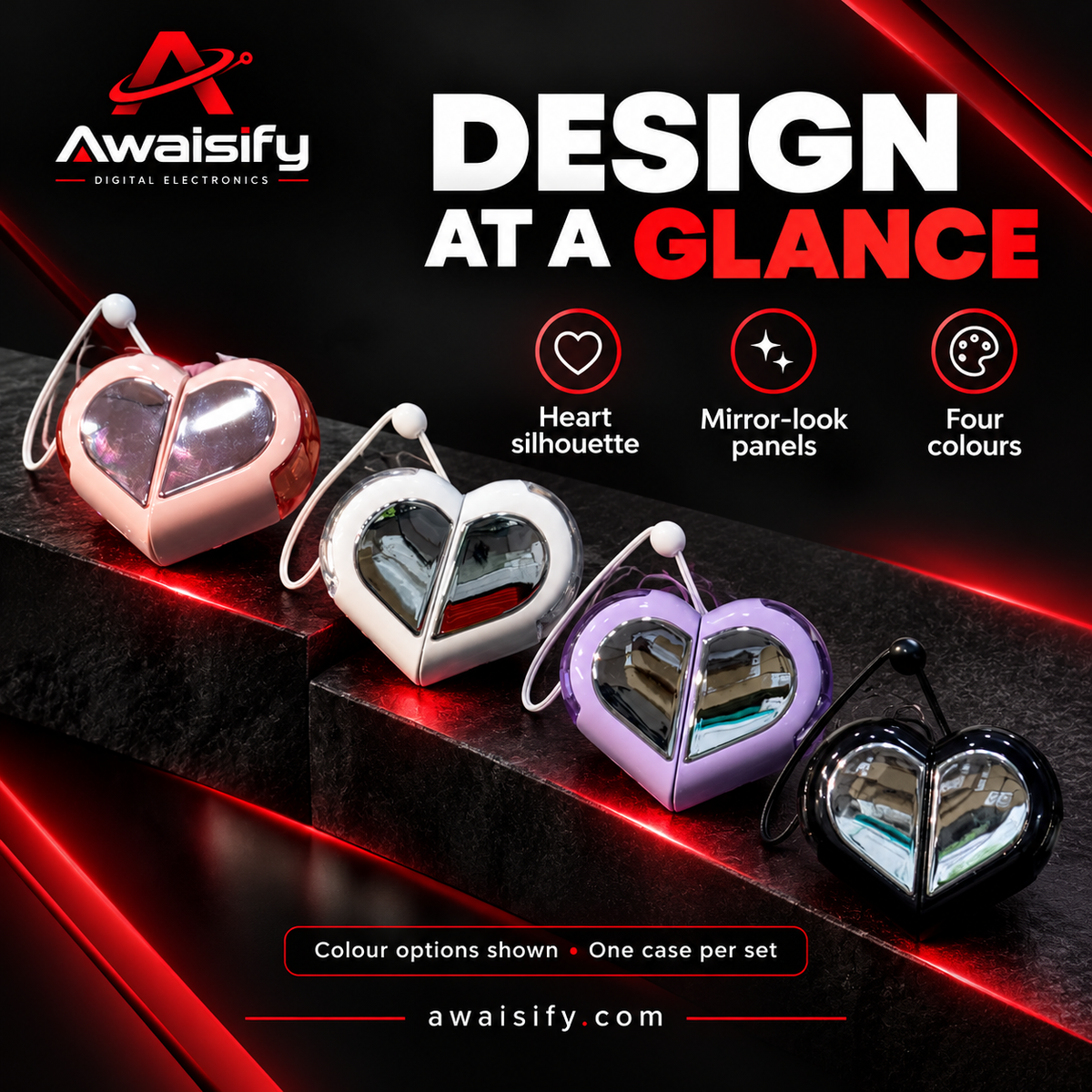 Heart-Shaped Earbuds with Reflective Charging Case – Pink, White, Purple & Black