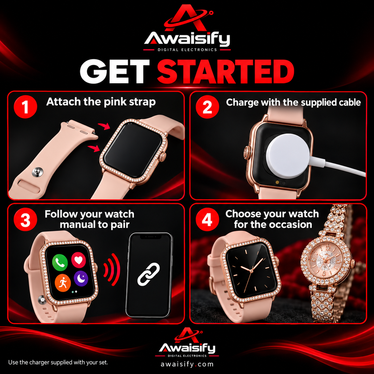 MiNi ZW10 DO 2-in-1 Women's Smartwatch & Luxury Analog Diamond Style Watch Combo Set – Rose Gold
