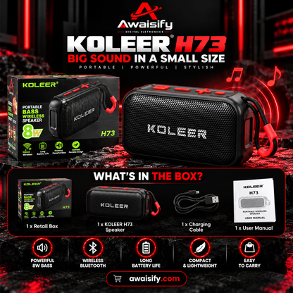 KOLEER H73 Portable Bluetooth Speaker – 8W Bass, Wireless Mini Speaker with Carry Strap
