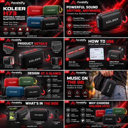 KOLEER H73 Portable Bluetooth Speaker – 8W Bass, Wireless Mini Speaker with Carry Strap