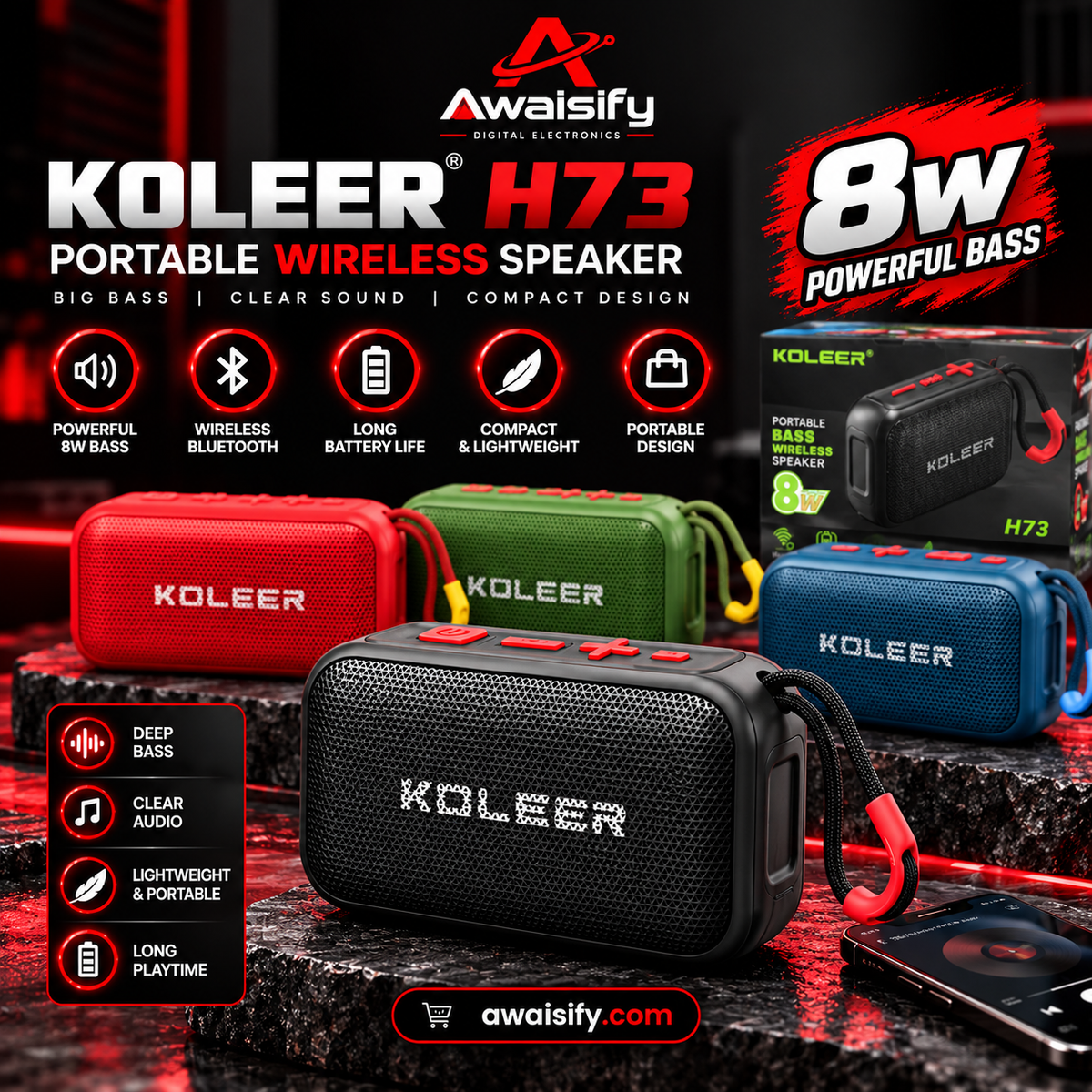 KOLEER H73 Portable Bluetooth Speaker – 8W Bass, Wireless Mini Speaker with Carry Strap