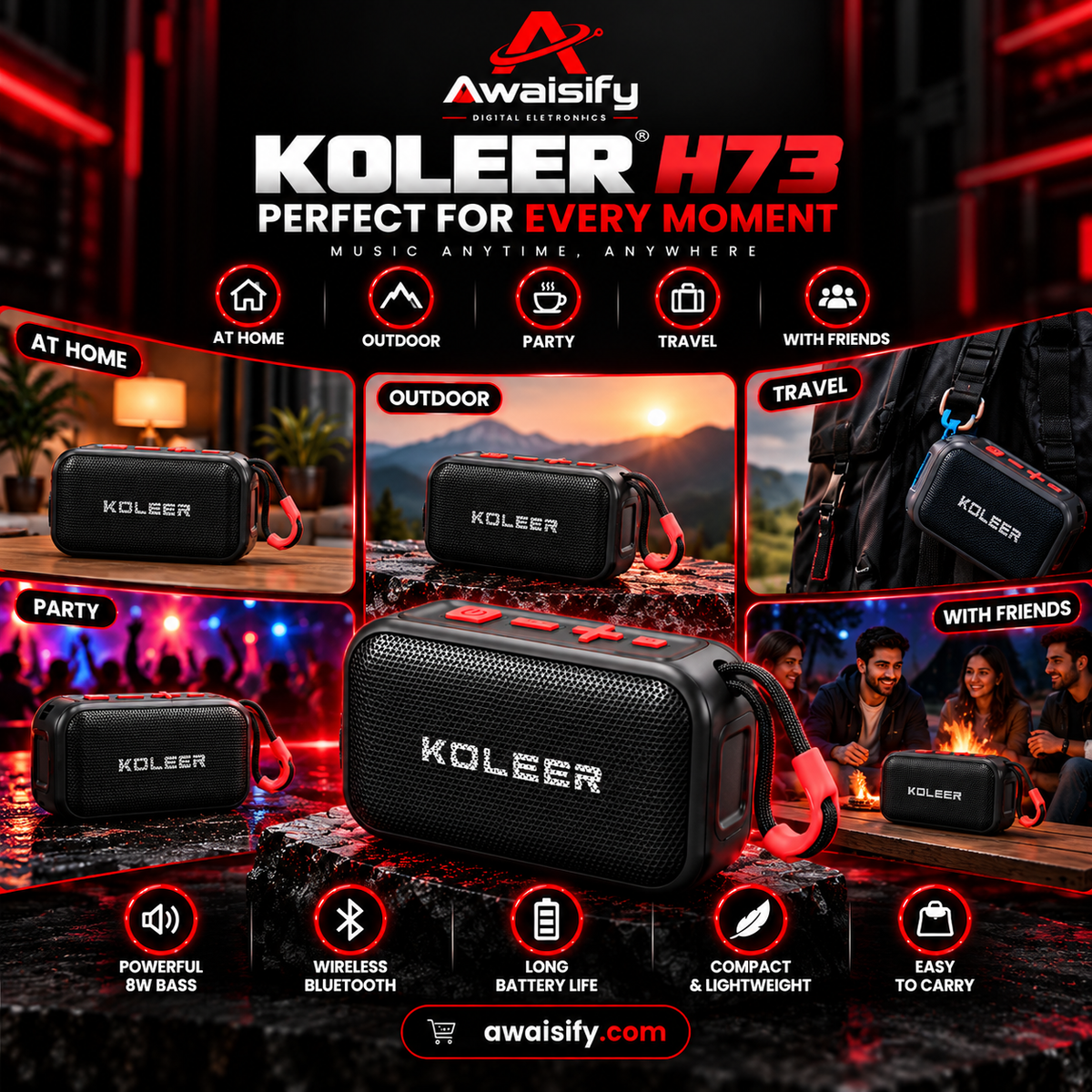 KOLEER H73 Portable Bluetooth Speaker – 8W Bass, Wireless Mini Speaker with Carry Strap