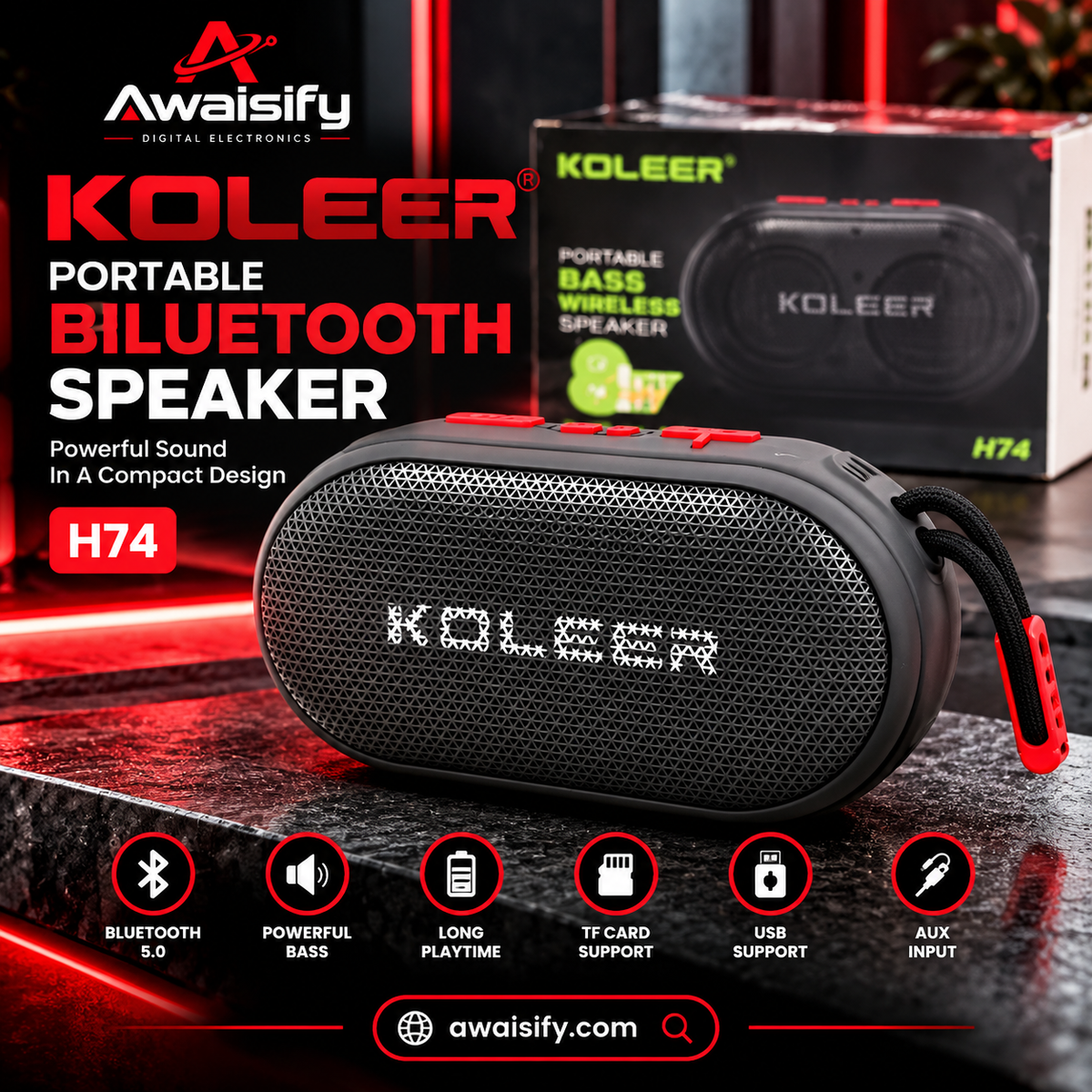 KOLEER H74 Portable Bluetooth Speaker – Compact Wireless Music Speaker with Carry Strap