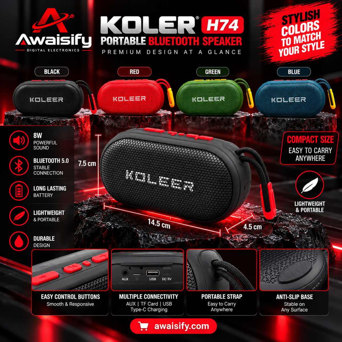 KOLEER H74 Portable Bluetooth Speaker – Compact Wireless Music Speaker with Carry Strap