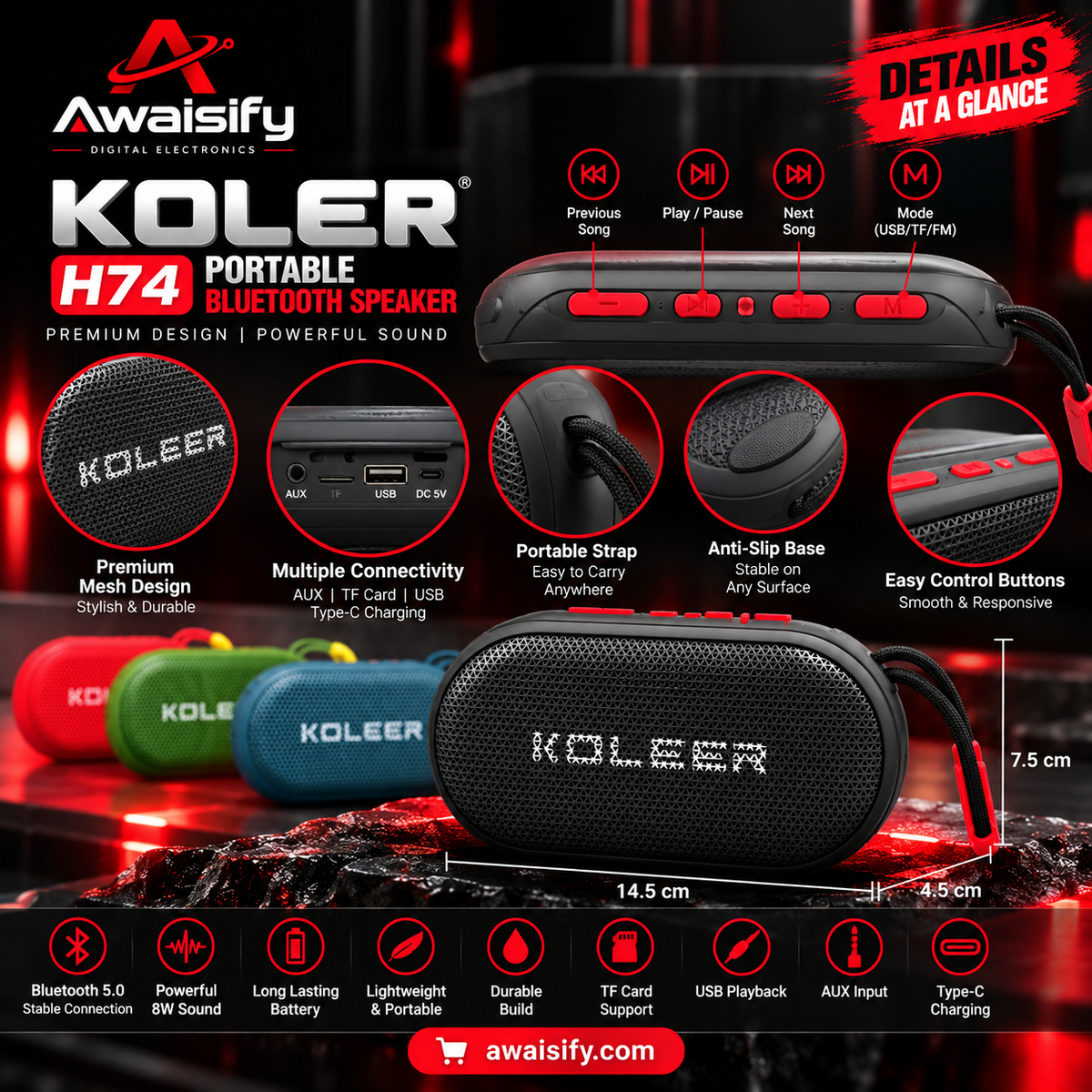 KOLEER H74 Portable Bluetooth Speaker – Compact Wireless Music Speaker with Carry Strap
