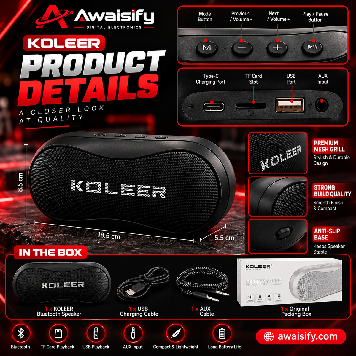 KOLEER Portable Wireless Bluetooth Speaker – Compact Mini Speaker, Black