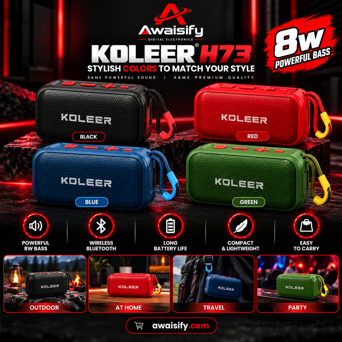KOLEER H73 Portable Bluetooth Speaker – 8W Bass, Wireless Mini Speaker with Carry Strap