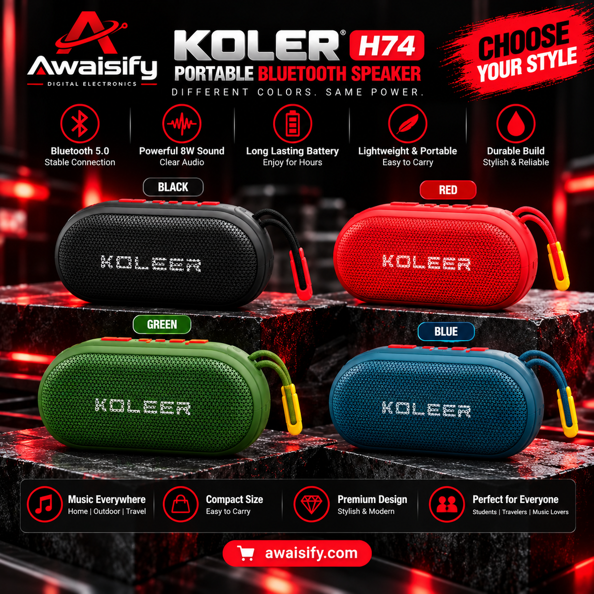 KOLEER H74 Portable Bluetooth Speaker – Compact Wireless Music Speaker with Carry Strap