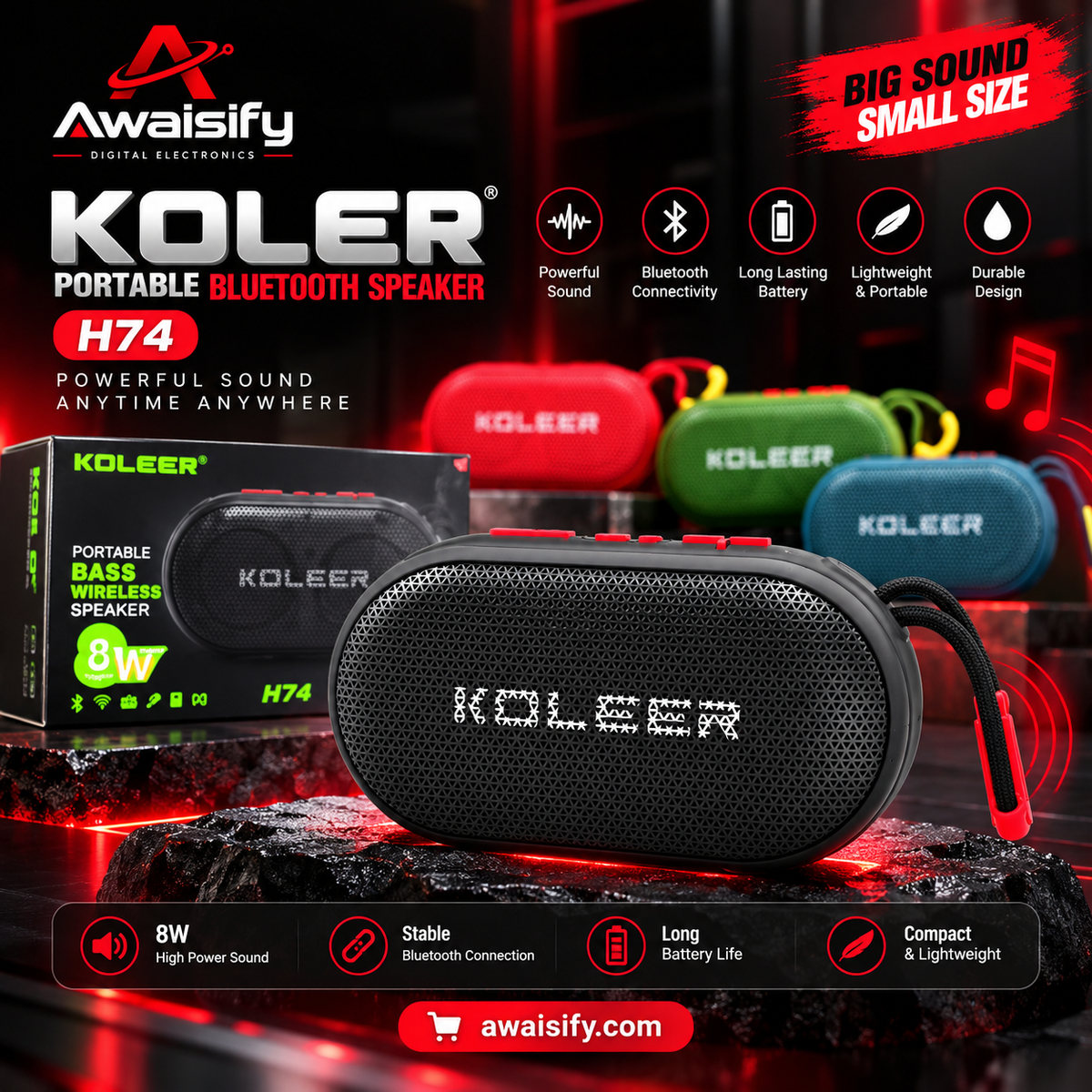 KOLEER H74 Portable Bluetooth Speaker – Compact Wireless Music Speaker with Carry Strap