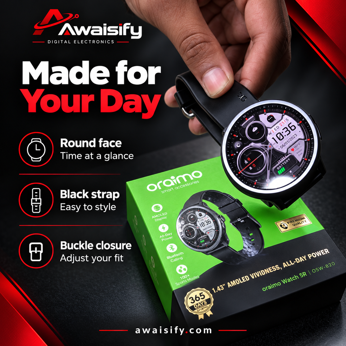 oraimo Watch 5R OSW-820 Smartwatch – 1.43″ AMOLED & Bluetooth Calling – Black