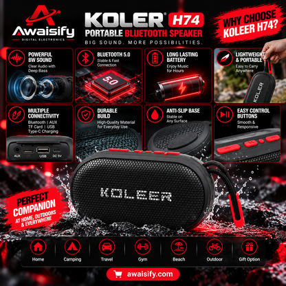 KOLEER H74 Portable Bluetooth Speaker – Compact Wireless Music Speaker with Carry Strap