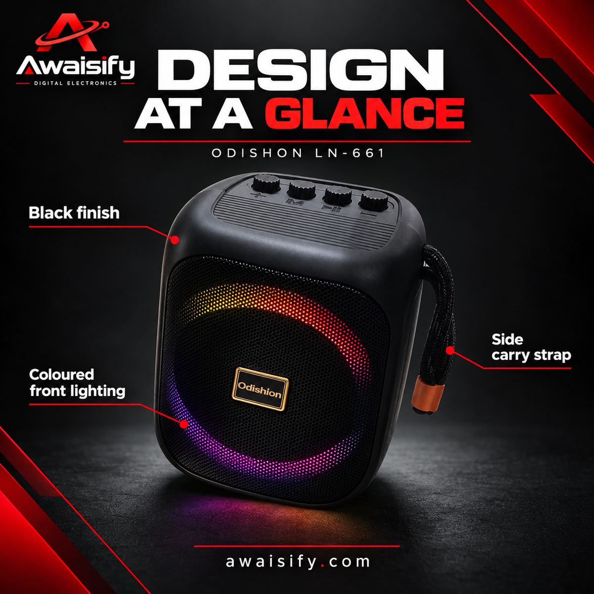 Odishon LN-661 Speaker with Coloured Lights & Carry Strap – Black