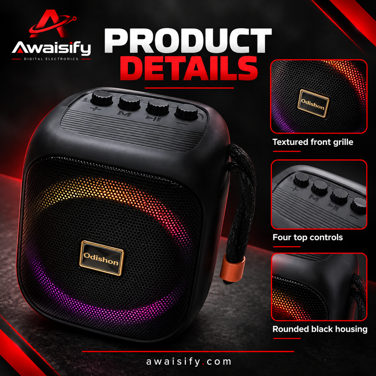 Odishon LN-661 Speaker with Coloured Lights & Carry Strap – Black