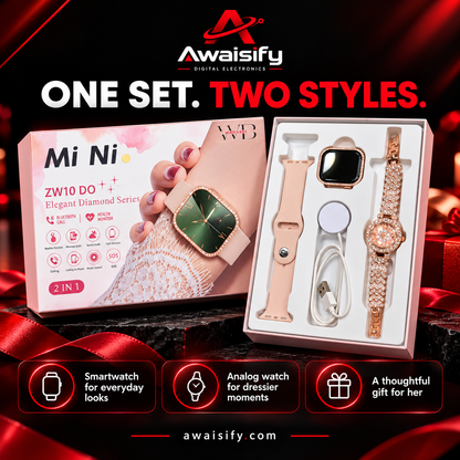 MiNi ZW10 DO 2-in-1 Women's Smartwatch & Luxury Analog Diamond Style Watch Combo Set – Rose Gold
