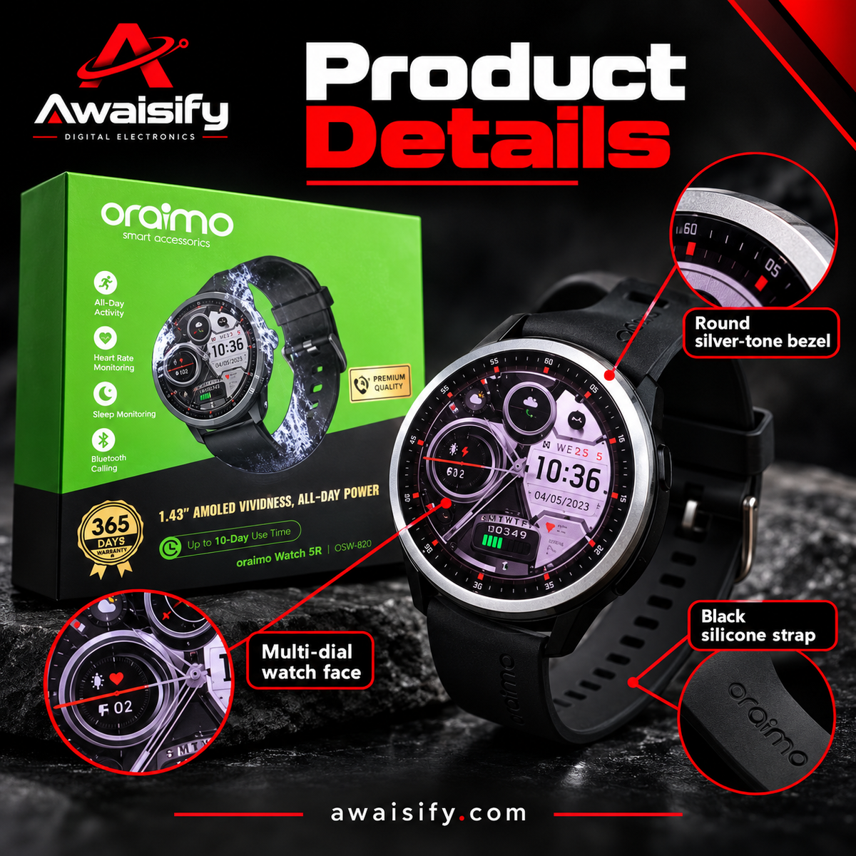 oraimo Watch 5R OSW-820 Smartwatch – 1.43″ AMOLED & Bluetooth Calling – Black