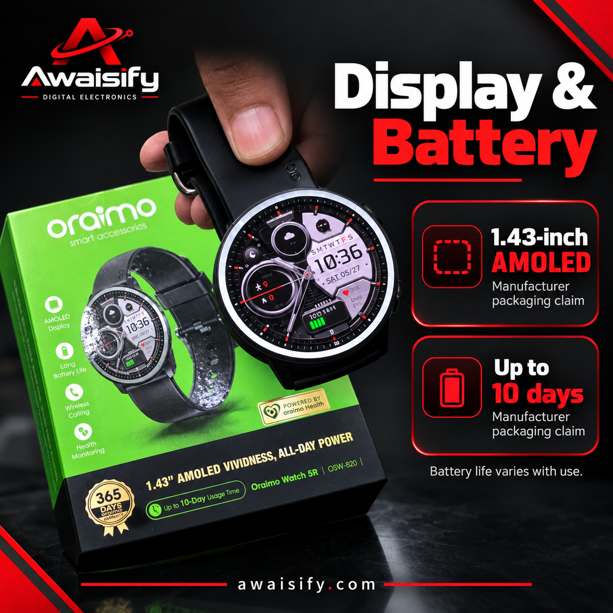 oraimo Watch 5R OSW-820 Smartwatch – 1.43″ AMOLED & Bluetooth Calling – Black