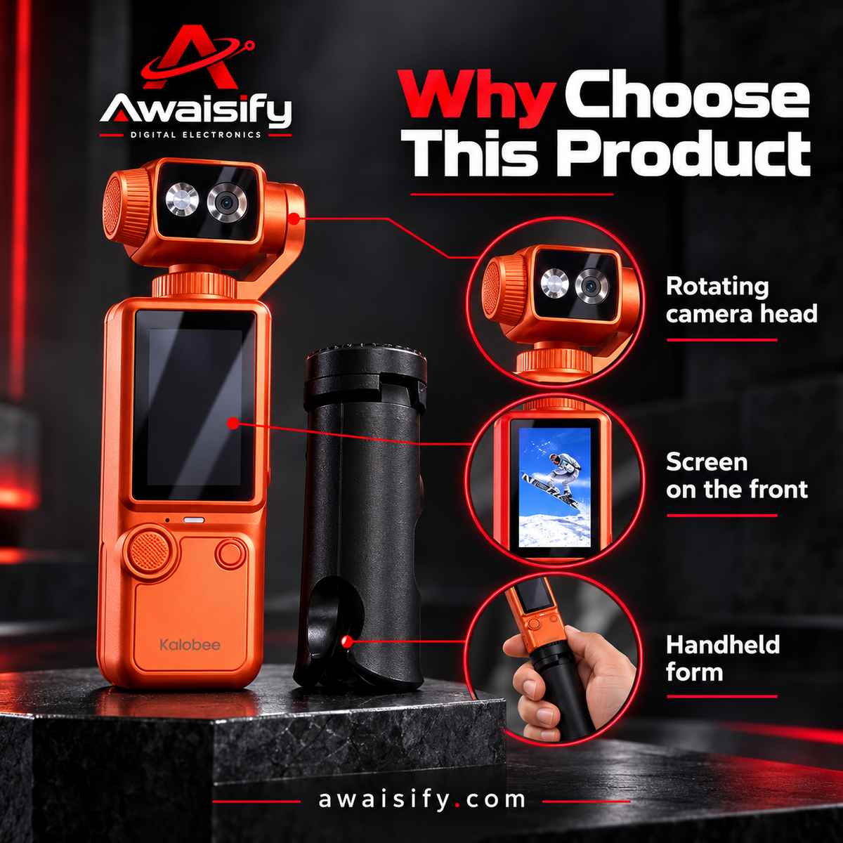 Kalobee Pocket3 Pro 4K Handheld Camera with Display – Orange