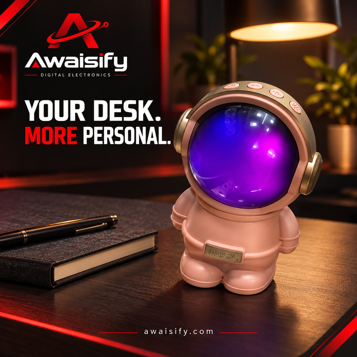 Pink Astronaut Wireless Speaker – Purple Visor & Desktop Design