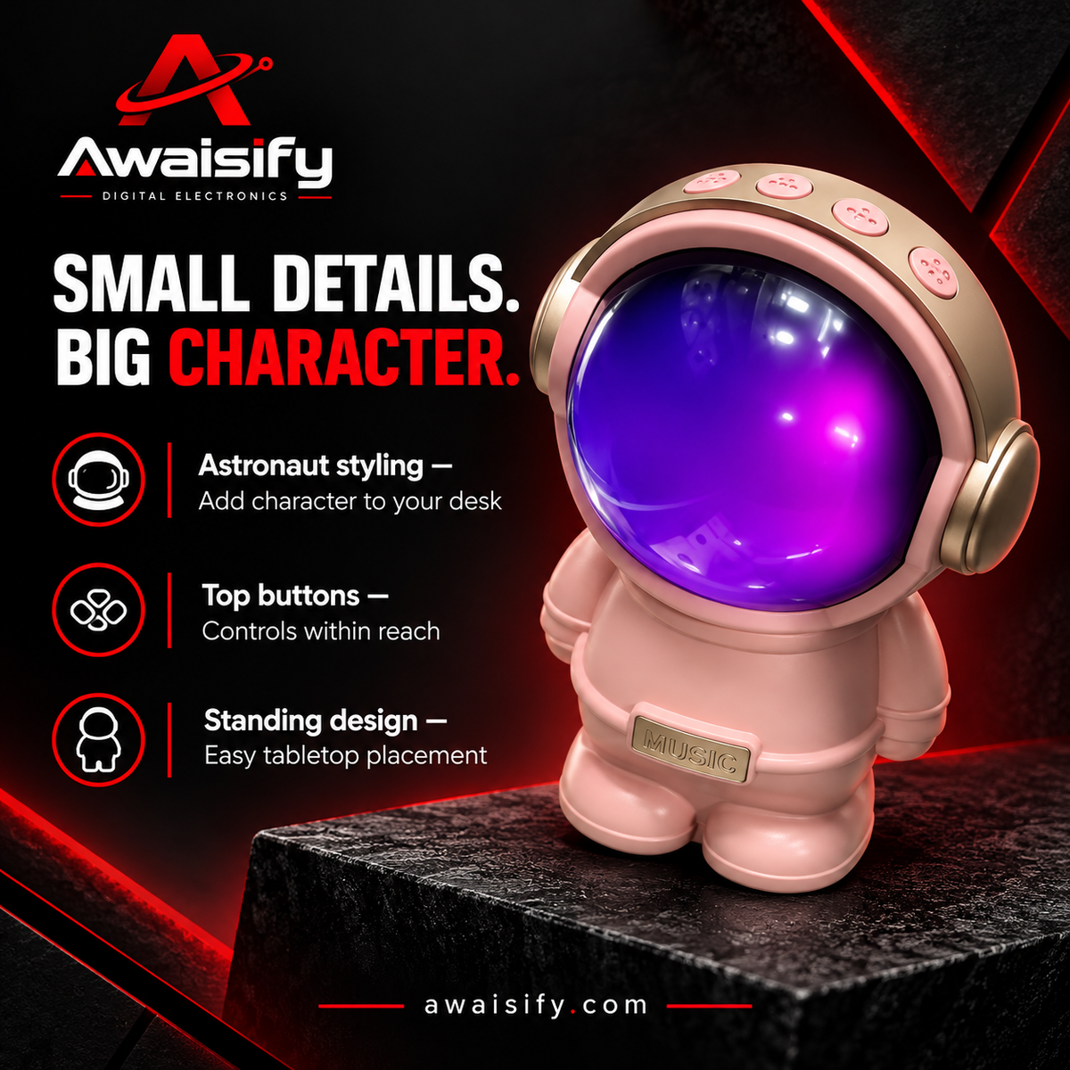 Pink Astronaut Wireless Speaker – Purple Visor & Desktop Design