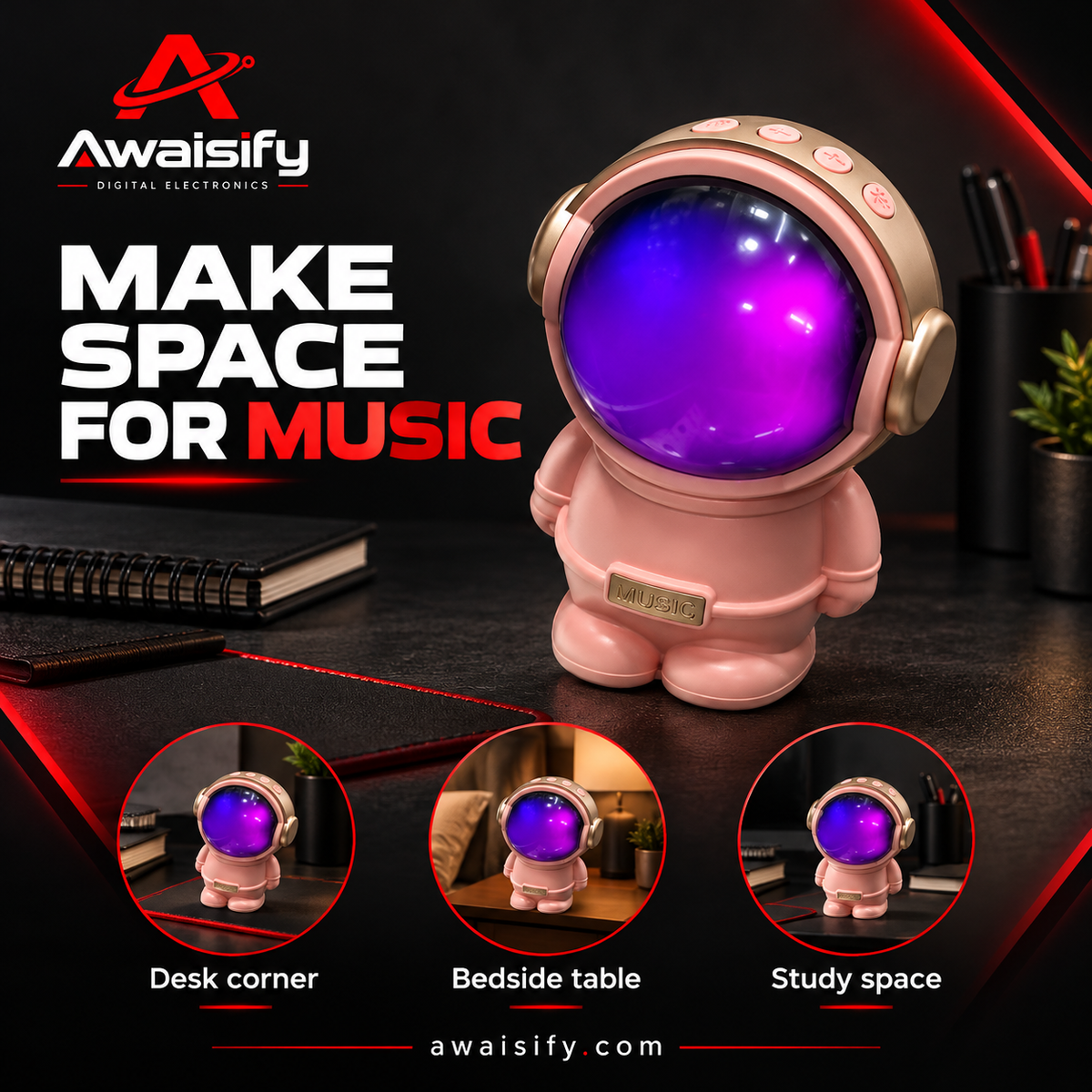 Pink Astronaut Wireless Speaker – Purple Visor & Desktop Design