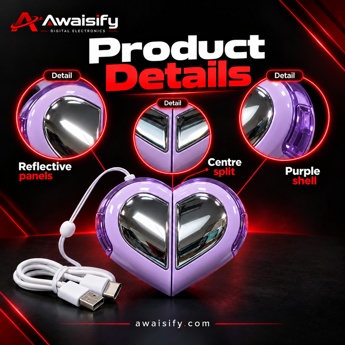 Heart-Shaped Earbuds with Reflective Charging Case – Pink, White, Purple & Black