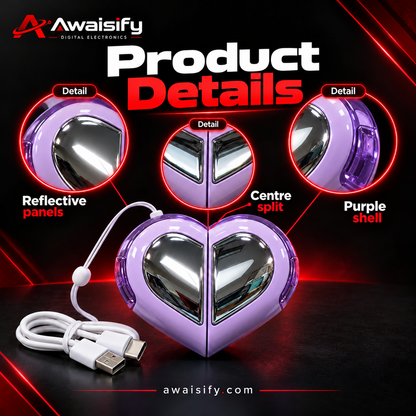 Heart-Shaped Earbuds with Reflective Charging Case – Pink, White, Purple & Black