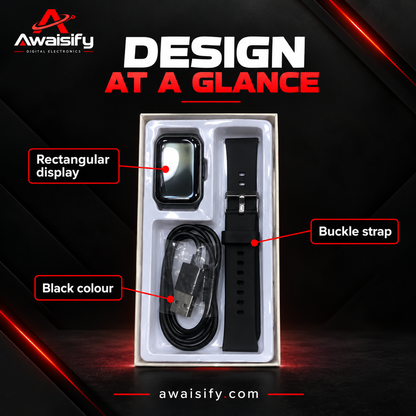 LAXASFIT Black Smartwatch with Buckle Strap & USB Charging Cable