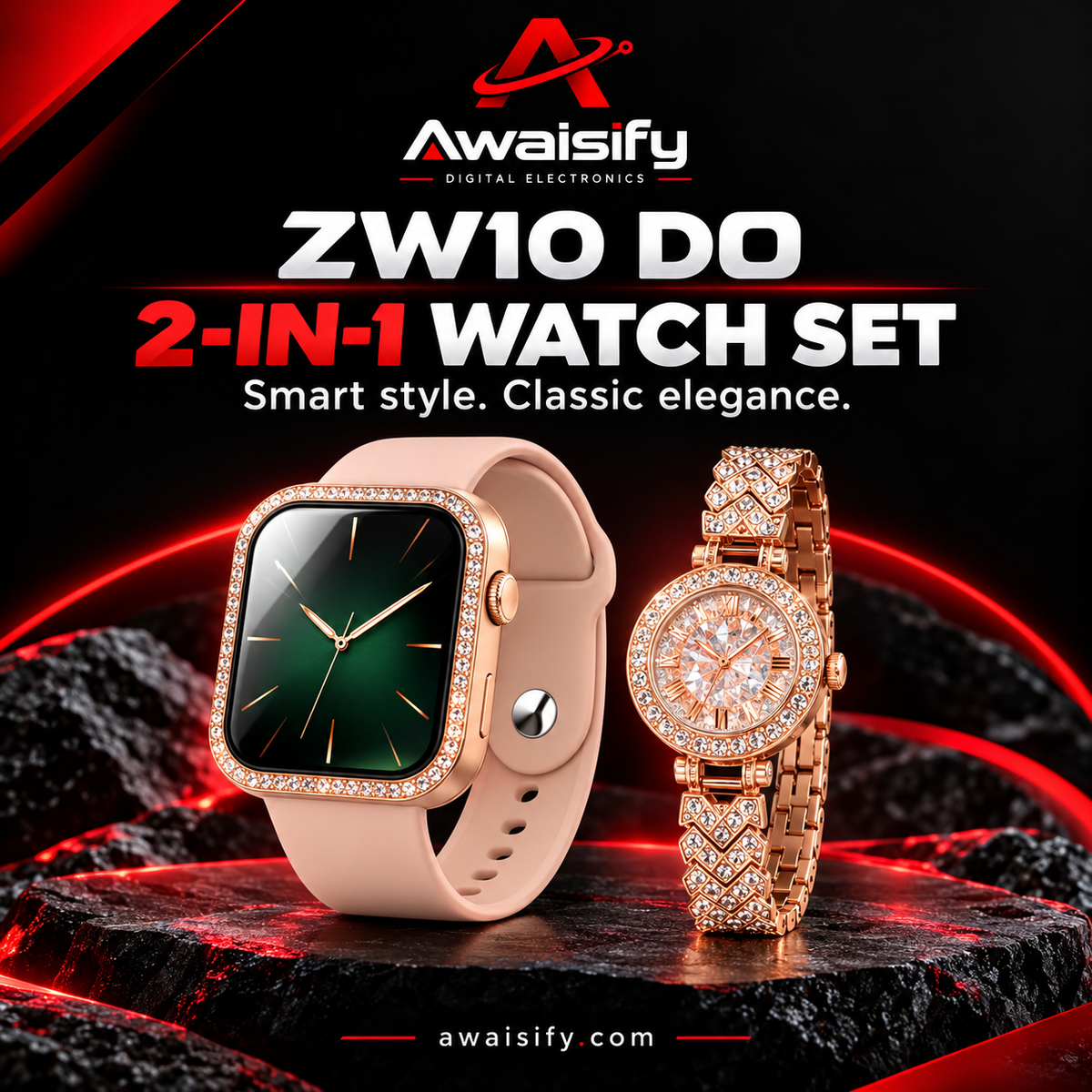 MiNi ZW10 DO 2-in-1 Women's Smartwatch & Luxury Analog Diamond Style Watch Combo Set – Rose Gold