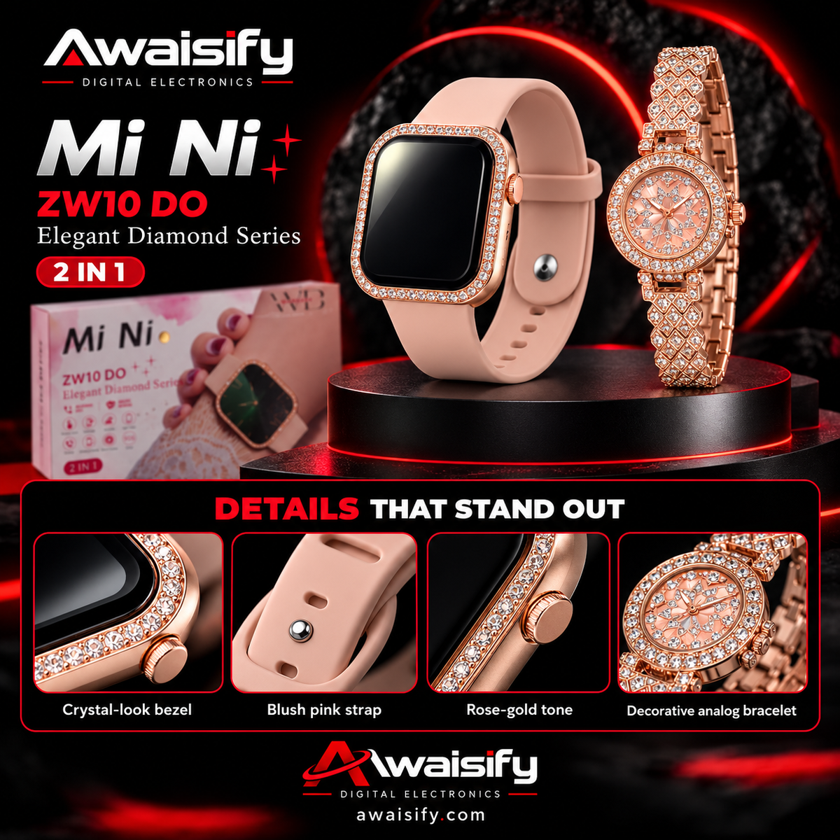 MiNi ZW10 DO 2-in-1 Women's Smartwatch & Luxury Analog Diamond Style Watch Combo Set – Rose Gold